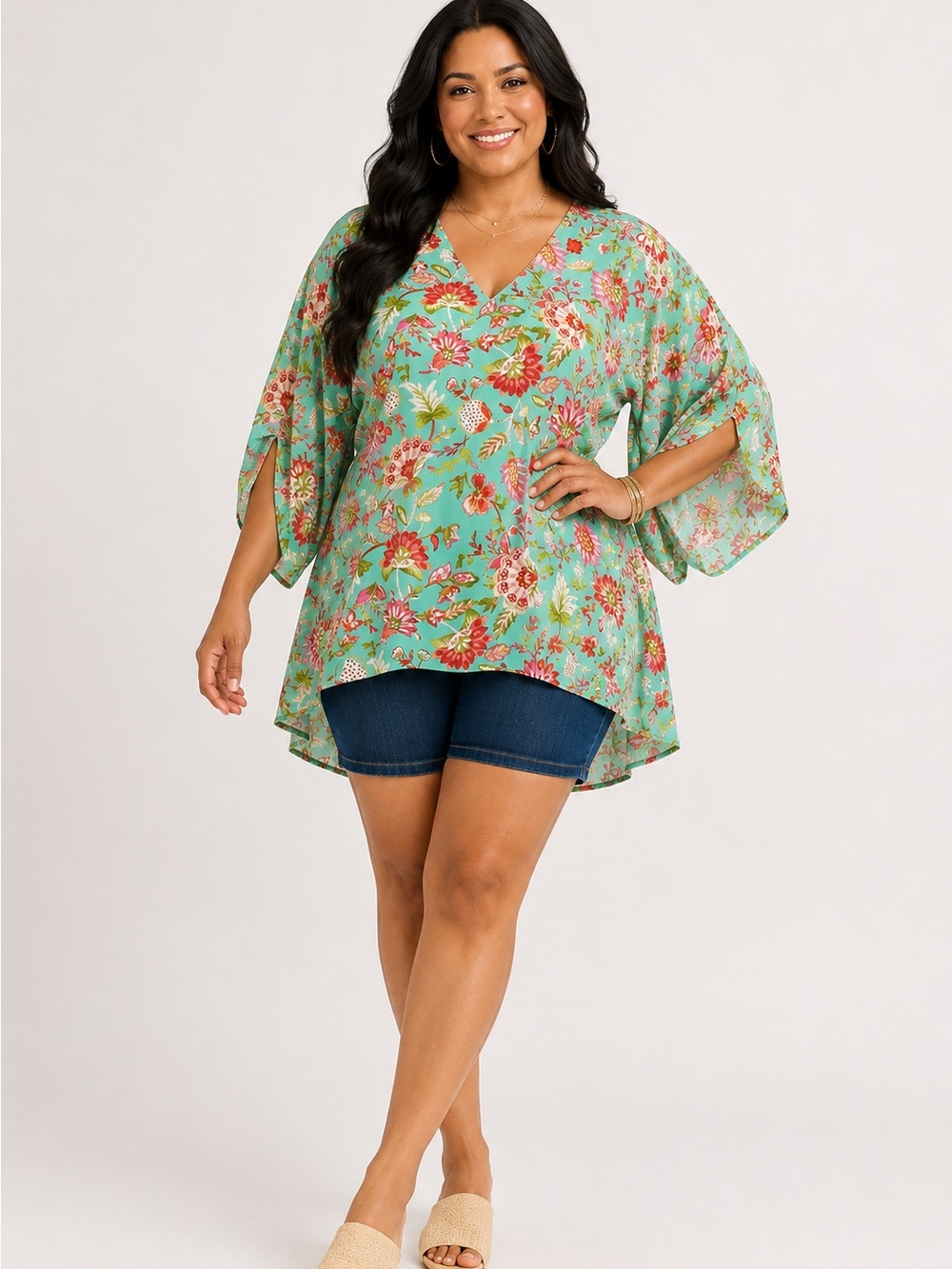 Emily Wonder 2X Floral Women’s Top 3/4 Sleeve Aqua Blue & Pink V Neck Flowy